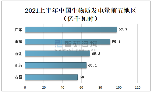 2021上半年中國生物質發(fā)電量前五地區(qū)